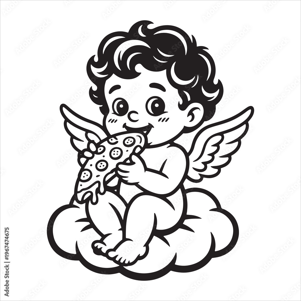 Naklejka premium Cute Baby Angel Sitting on Cloud Eating Pizza Slice