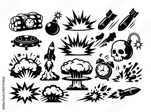 Set of black and grey cartoon icons featuring explosions, bombs, rockets, a mushroom cloud, and a skull bomb