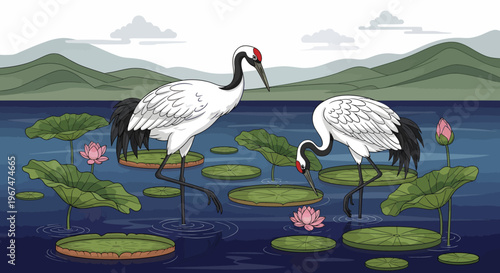 Two cranes standing on lily pads in a serene lake landscape with mountains.