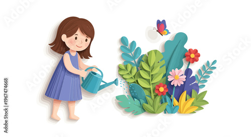 A young girl watering colorful flowers.