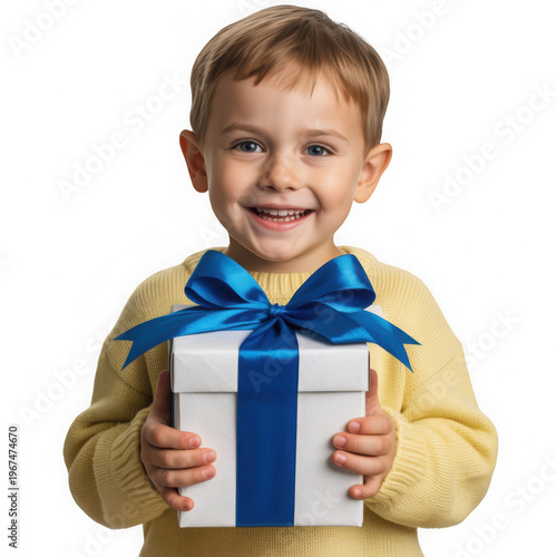 Gift giving concept with happy boy holding white present and blue ribbon