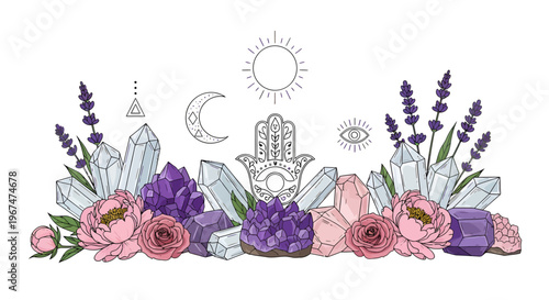 Crystal and flower arrangement with spiritual symbols.
