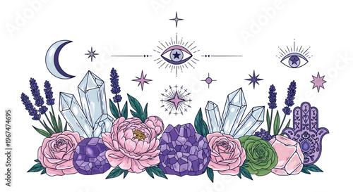 Whimsical illustration of mystical floral arrangement with crystals and celestial elements.