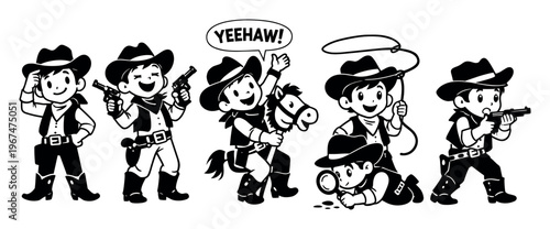 Whimsical cartoon illustration of boys dressed as cowboys, engaging in pretend play like riding, shooting, and investigating