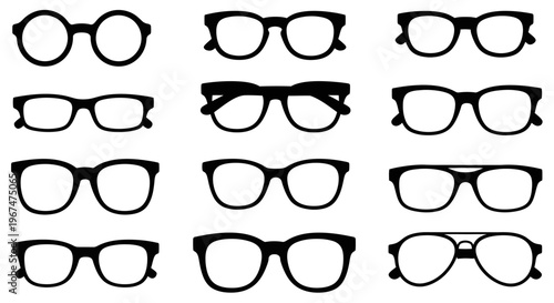 Collection of various eyeglasses and spectacles in black silhouette.
