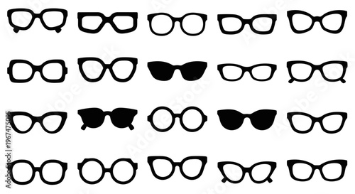 Collection of various eyeglasses and sunglasses frames in black and white.