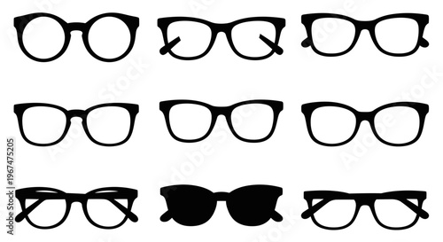 Collection of various eyeglasses and sunglasses silhouettes on a white background.