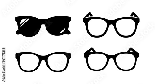 Collection of various eyeglasses and sunglasses silhouettes on a white background.