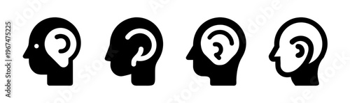 Set of stylized icons representing active listening, with heads and ears in profile.