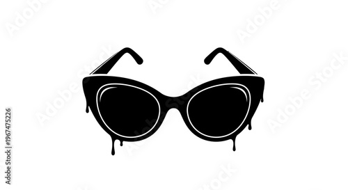 Black cat eye sunglasses with dripping paint effect on white background.