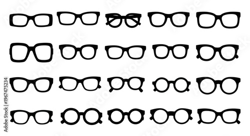 Collection of various eyeglasses frames in a simple black and white illustration.