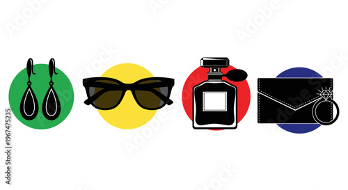 Fashion Accessories Collection - Earrings, Sunglasses, Perfume, and Clutch Bag.