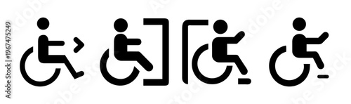 Set of wheelchair accessible icons depicting entry, exit, and movement for disabled individuals.