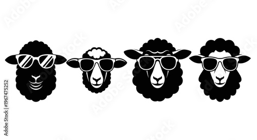 Four cool sheep wearing sunglasses in a row.