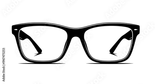 Black frame eyeglasses with clear lenses on a white background.