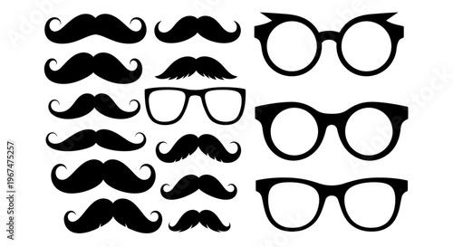 Collection of various mustache and eyeglasses silhouettes.