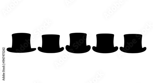 Five Black Top Hats in a Row on a White Background.