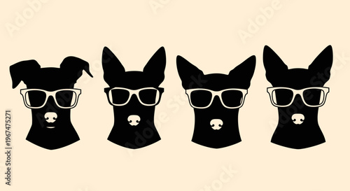 Four stylish dog silhouettes wearing glasses on a light background.