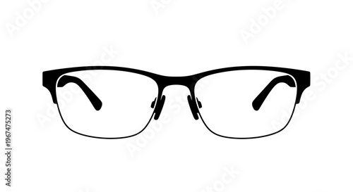 Black frame eyeglasses with clear lenses on a white background.