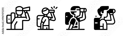 Minimalist traveler icons with binoculars, set of 4 black line art backpacker symbols, hiking and discovery vector illustrations for tourism