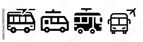 Set of four icons depicting airport shuttle and hotel transfer buses, some with trolleybus elements.