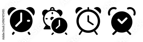 Collection of four alarm clock icons in black and white, representing time and reminders.