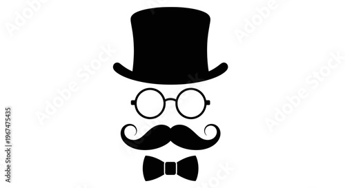 Classic gentlemans accessories silhouette with top hat glasses mustache and bow tie.