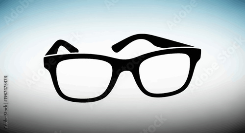Black frame glasses with clear lenses on a light blue background.