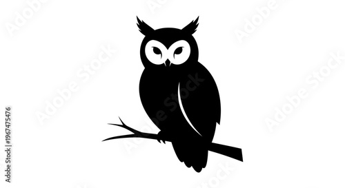 Majestic Owl Silhouette Perched on Branch Against White Background.