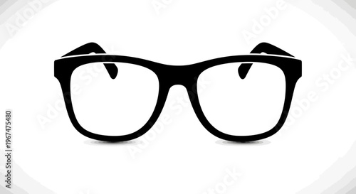 Black frame glasses with clear lenses on a white background.