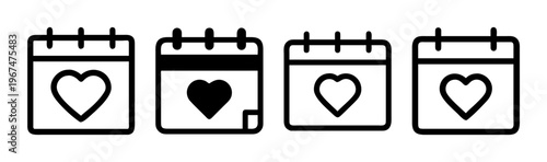 Valentine calendar icon set with heart symbols, black line art date planner collection, romantic event schedule SVG icons for wedding and anniversary