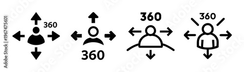 360 degree virtual reality icons, set of 4 panoramic view symbols, immersive user experience signs, black vector line art for VR technology