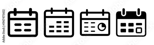 Minimalist calendar icon set, black outline schedule symbols, 4 vector planning elements for business agenda and appointment tracking