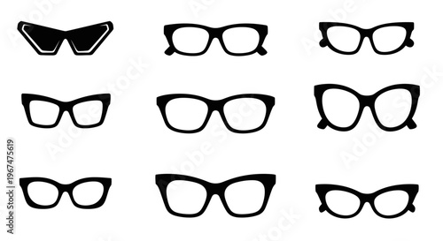 Collection of various stylish eyeglasses and sunglasses silhouettes, showcasing different frame shapes and designs for fashion and vision.