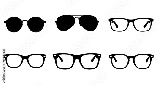 Collection of various stylish eyeglasses and sunglasses silhouettes on a white background.