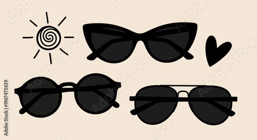 Collection of stylish black sunglasses for summer fashion and eye protection.