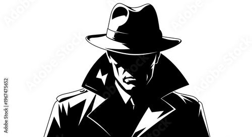 Mysterious silhouette of a man in a fedora hat and trench coat, with his face obscured by shadow, evoking a sense of intrigue and anonymity.