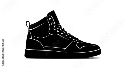 Stylish Black High-Top Sneaker Isolated on White Background.