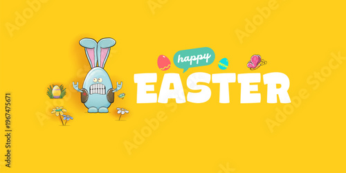 Happy Easter banner with funny rocker bunny character. Blue egg-shaped rabbit showing rock hand sign on yellow background. Creative easter spring holiday header with eggs, flowers and butterfly.