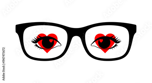 Black Glasses with Red Heart Eyes and Long Eyelashes.