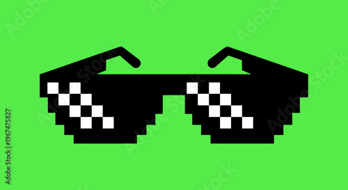 Pixelated Thug Life Sunglasses on Green Background.