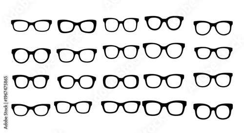 Collection of various black silhouette eyeglasses and spectacles for vision correction.
