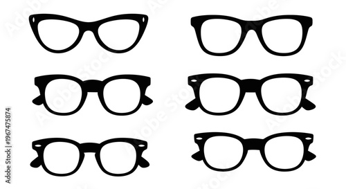 Collection of various black frame eyeglasses and spectacles on a white background.