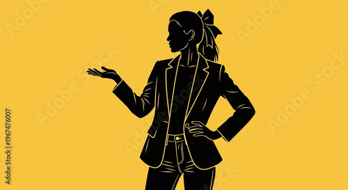 Silhouette of a confident woman in a business suit gesturing with her hand.