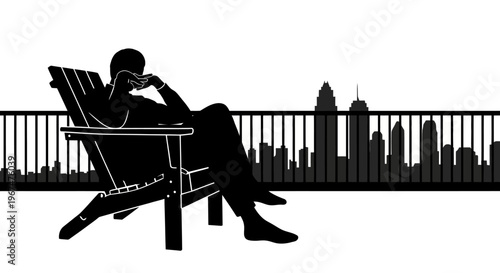 Silhouette of a man relaxing on a balcony overlooking a city skyline.
