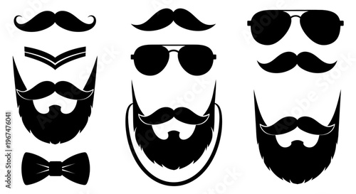 Set of various hipster beard and mustache styles with sunglasses and bow tie.