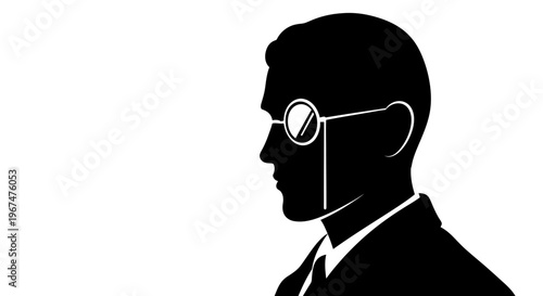 Silhouette of a man with a monocle in profile, looking to the right.