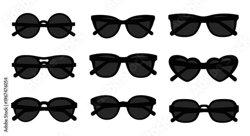 Collection of various black sunglasses in different styles.