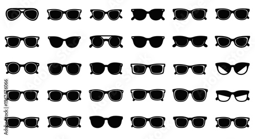Collection of various black sunglasses in different styles and shapes.