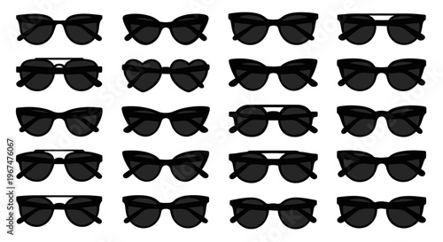 Collection of various black sunglasses on a white background.